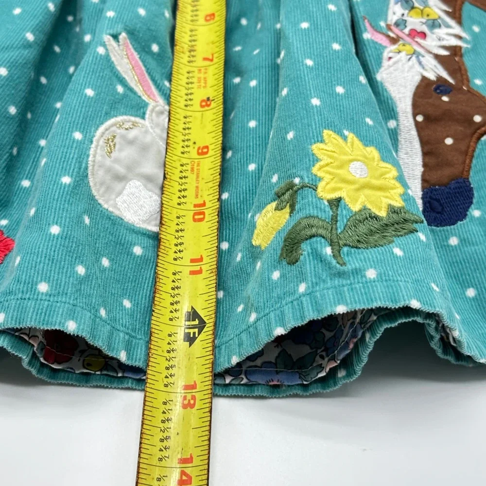 Mini Boden Girls Teal Corduroy Polka Dot Horse Bunny Embroidered Skirt 7-8Y